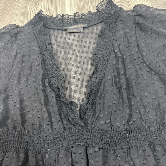 BCBG MaxAzria Black Sheer Polka Dot Flutter Sleeve Smocked Waist Blouse Size S - Picture 2 of 7